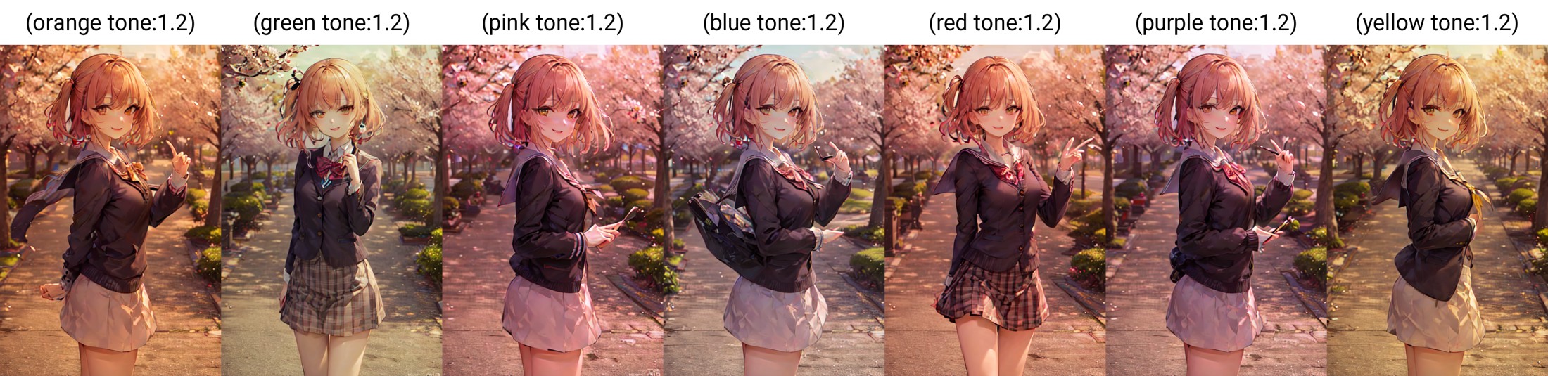 (orange tone:1.2) ,masterpiece,illustration, 1girl, cherry blossoms, pink hair,yellow eyes, standing, smiling, school unif...